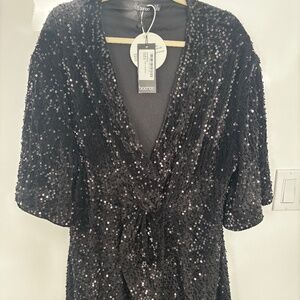NWT Boohoo Black Sequin Wrap Dress | Size 16 | Holiday / NYE Ready ✨